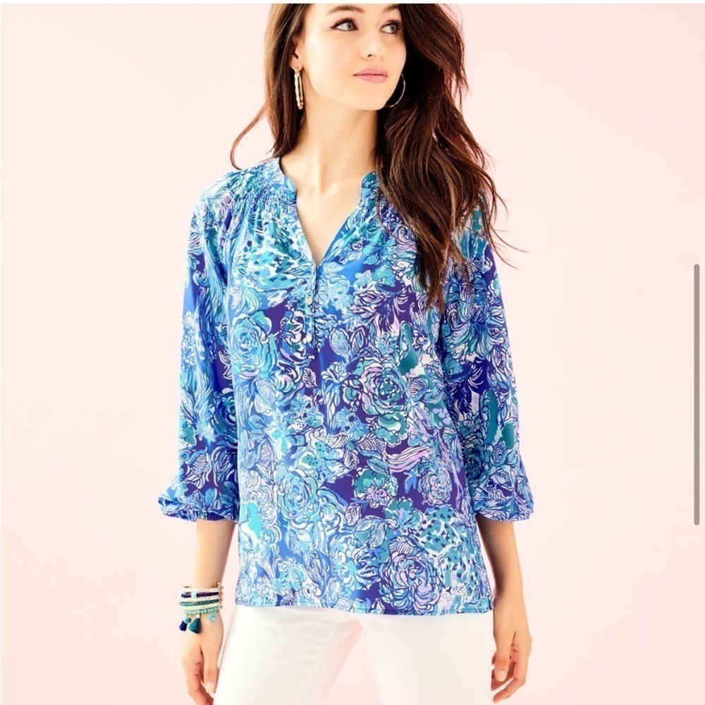 Lilly Pulitzer 100% Silk Elsa Top Blouse in Print Cat Call Size XS